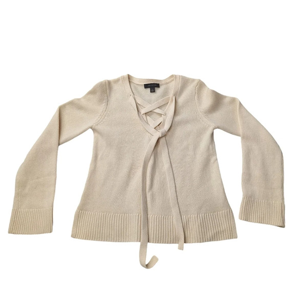 Ann Taylor Sweaters - Ann Taylor XS Cream Wool Cashmere Lace-Up Criss-Cross Tie Long-Sleeve Sweater